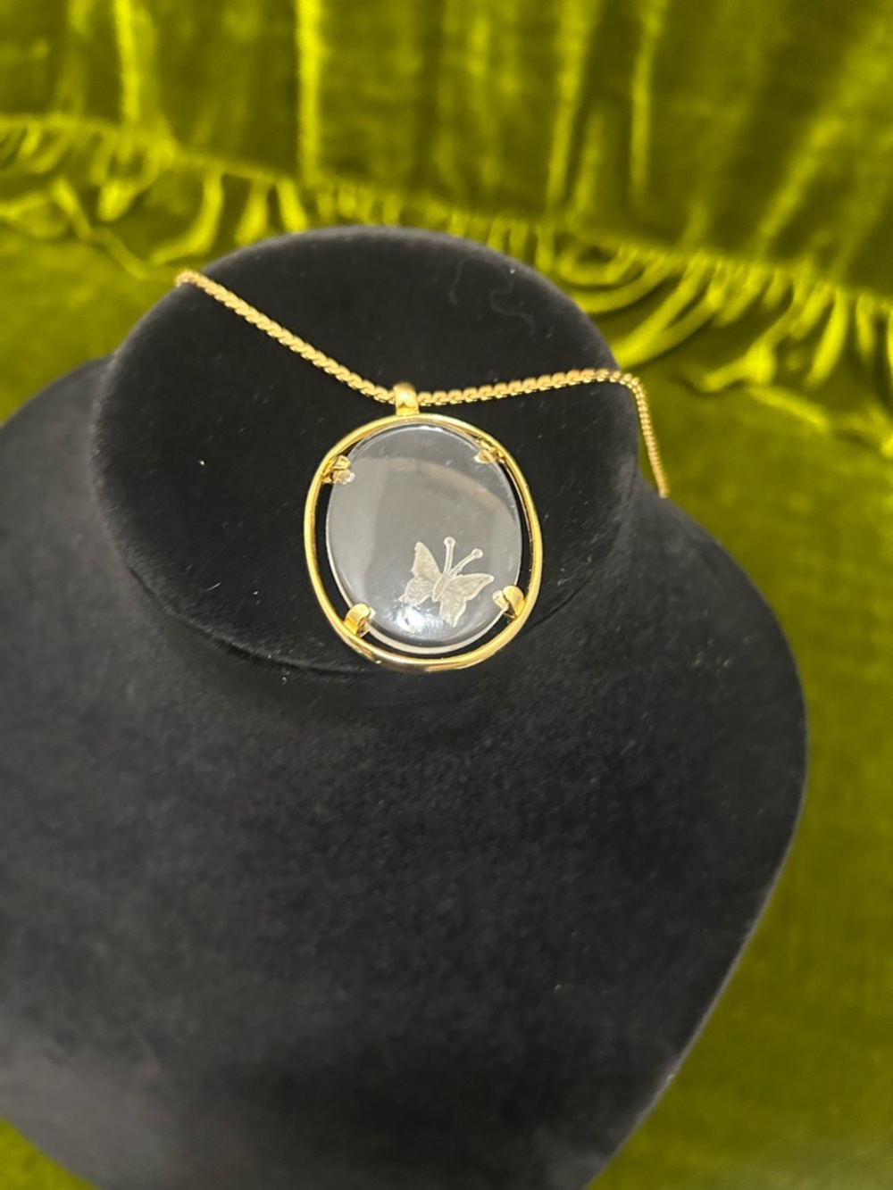 Vintage Napier Gold Toned EtchedButterfly Glass Pendant Necklace - Women Jewelry